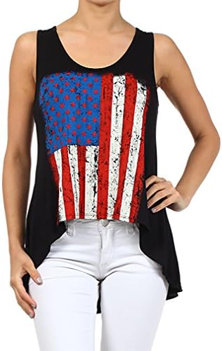 American US Flag Print Hi-Low Hem Sleeveless Tank Top (Large, Black)