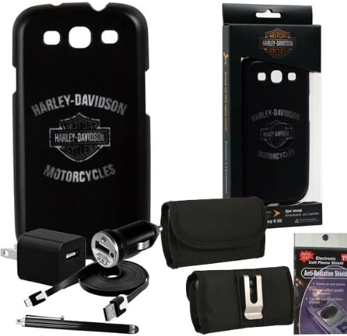 Harley Davidson Black Cover 07443 for Samsung Galaxy S3. Comes with 3ft Charging Cable, USB Car Charger, USB House Charger, Metal Clip Horizontal Velcro Case with Belt Loop, Stylus Pen and Radiation Shield.