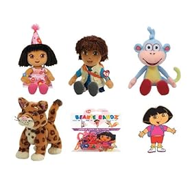  Ty Dora the Explorer Happy Birthday Party with Friends - 4 Beanie Babies Dora, Diego, Boots, Baby Jaguar +TY Dora the Explorer Bracelets + BONUS FREE Dora Decal Sticker