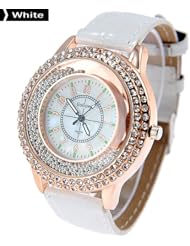 Fashion White Watch Round Case Quartz Watch Wristwatch Timepiece with Rhinestones Decor for Lady Female - White
