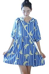 Striped Print Pleated Elbow Length Sleeves Cotton/Polyester Mini Dress 