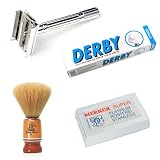 SF401-Shaving Factory DE Safety Razor, Hand Made Shaving Brush, Derby Shaving Cream(Normal Scent) and 10 Merkur Platinum Double Edge Razor Blades. Great Valentines Day Gift Set.