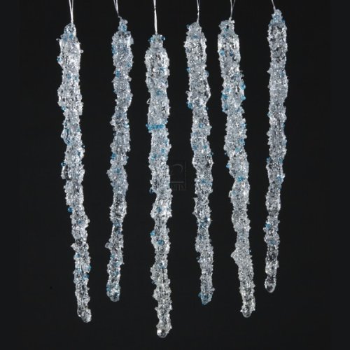 CLEAR WITH LASER GLITTER ICICLE HANGING ORNAMENTS 6 PIECE SET