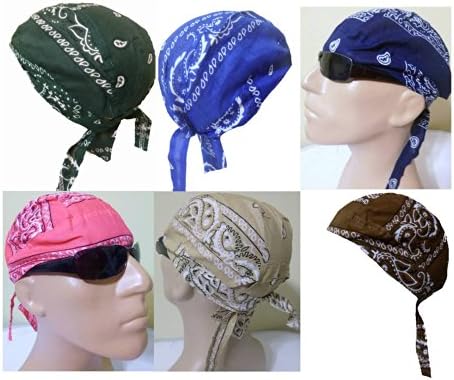 Assorted Set 6 Paisley Biker Skull Caps Bandana Head Wrap Tan Green Pink Blue