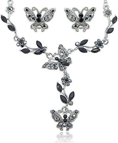 Black Diamond Color Crystal Butterfly Rhinestone Flower Necklace and Earrings Jewelry Set [Bridal Jewelry]
