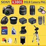 Sony Alpha A380 Digital SLR with 18-55mm + 75-300mm Lens + HUGE ACCESSORIES PACKAGE INCLUDING WIDE ANGLE MACRO LENS + 2X TELEPHOTO + 3 PC FILTER KIT + 8GB SDHC MEMORY CARD + 2x EXTENDED LIFE BATTERIES + CARRYING CASE + TRIPOD & MUCH MORE !!