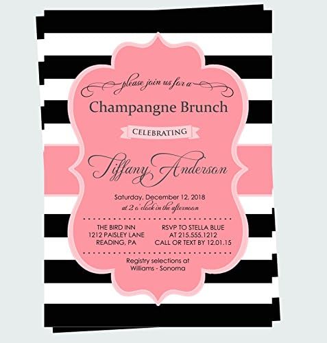 Coral Bridal Shower Invitations Black Stripe Printed Set