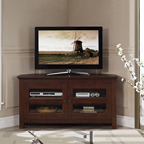 44" Corner Living Room TV Console with Media Storage in Medium Brown Finish