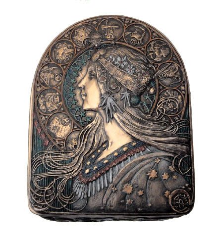 Alphonse Mucha Zodiac Jewelry Box, Bronze Powder Cast 5-in