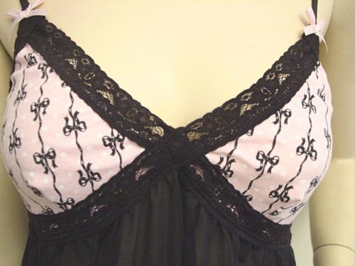 French Kitty Diva Baby Doll Night Gown Panty Set Sheer Black with Black Lace and Pink Bow - Sexy French Style Lingerie from French Kitty