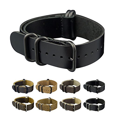 INFANTRY 22mm 5 Black Rings Genuine Leather Watch Strap Band Stainless Steel Buckle - Black