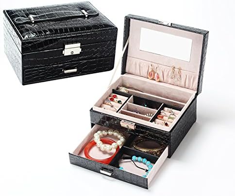 Yoyo Jewelry 2 Two-Layer Jewelry Storage Case With Lock And Mirror Water-Resistant Pu Leather Color 4 Black