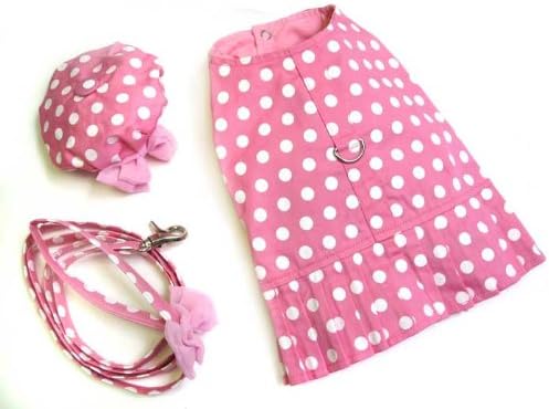 Adorable Pink with White Polka Dots Harness Dress with Matching Hat and Leash for Small Dogs - XL