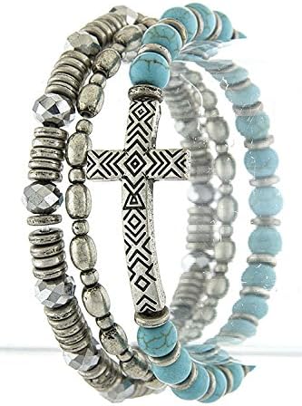TRENDY FASHION JEWELRY GEOMETRIC PATTERN CROSS ACCENT FAUX ORB GEM BRACELET SET BY FASHION DESTINATION | (Antique Silver)