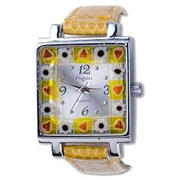Pugster Square Yellow Band Flower Encircled Murano Millefiori Watch Wrist