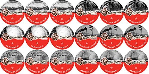 Hurricane Blend Single Cup Coffee Variety Sampler Pack Flavors Colombia El Nino Category 5 Nor'easter Butter Toffee Tsunami Coconut Fudge Typhoon Cape Verde Decaf Three K-cups of each Flavor For all Single Cup Coffee Machines Built off of Keurig® & Touch Brewers Platform (18)