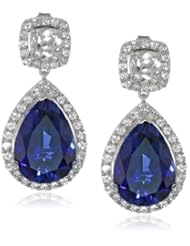 Sterling Silver Pear Created Ceylon Sapphire Created White Sapphire Earrings