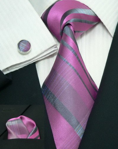 Landisun 45H Purple Gray Stripe Mens Silk Tie Set: Tie+Hanky+Cufflinks Exclusive