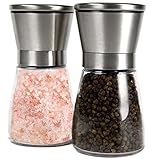 Q's Inn Salt and Pepper Grinder Set - [Lifetime Warranty] Brushed Stainless Steel Salt & Pepper Mill with Glass Bottle - Adjustable Ceramic Rotor - Best 3.5in Shakers Pair for Fun and Healthy Cooking