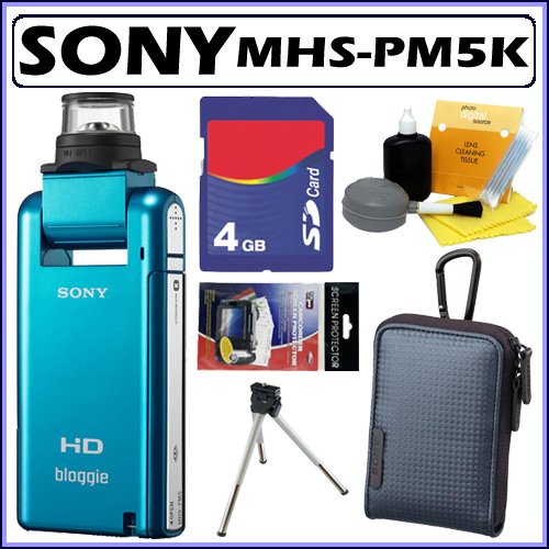Sony MHS-PM5K/L Bloggie Mobile 5MP HD Snap 360 Video Camera (Blue) with 4x Digital Zoom Mode # MHS-PM5KL + 4GB Accessory Kit
