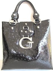 Guess Ozzie Patent Ostrich Lunch Tote in Black (GUESS HANDBAGS, PURSES, BAGS)