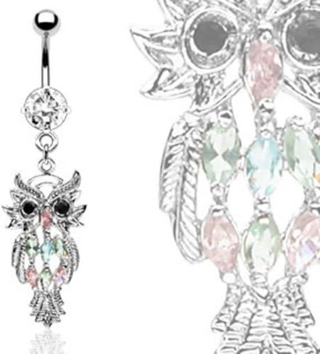 Beautiful Owl Multi Color Marquise CZ Gems Belly Button B212 Naval Ring Dangle Stainless Steel 14 Gauge