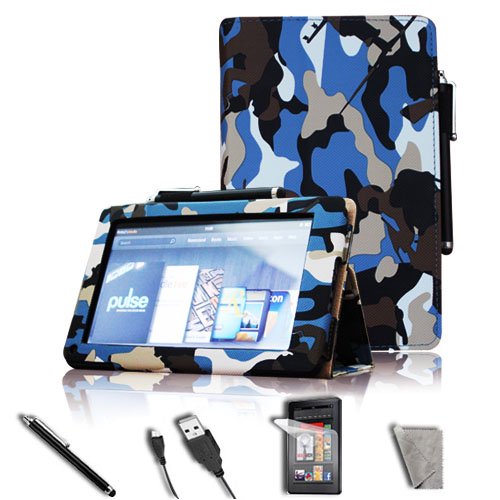 FINTIE (Camouflage Blue) Folio Case Cover Value Package with Screen Protector/Stylus/USB cable for Amazon Kindle Fire 7" Tablet (does not fit Kindle Fire HD)