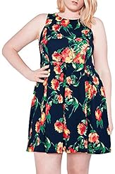 Plus Size Fit-and-Flare Floral Print Princess Seams   Waistline Pleated Polyester/Spandex Sleeveless  Dress