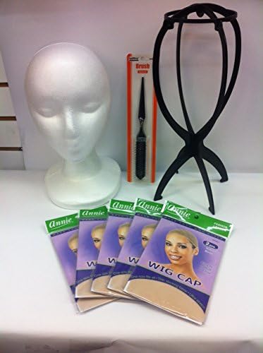 Wig Caps Kit. Blonde Wig Caps and Wig Stands Kit. 10 Beige Wig Caps & White Foam Head & Portable Wig Stand & Wig Brush.