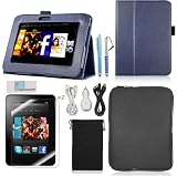 Llamamia Kindle Fire Hd 7 Leather Case Cover Bundle in Retail Packaging-leather Case + Car Charger + Cable + Bag + Screen Protector+ Stylus Pen (Dark blue, Kindle fire HD 7)