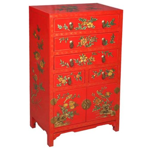 EXP Handmade Furniture 37-Inch Red Chinese Lacquer Wood Dresser/Cabinet, Seasonal Flowers Design
