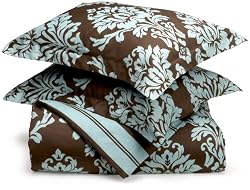 Regency Collection 310 Thread-Count Havana Reversible Floral/Stripe King Duvet Set, Blue/Chocolate