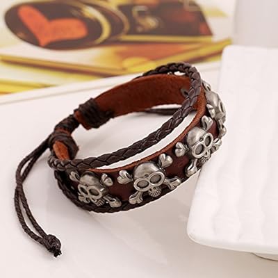 Nice Buckeye Rock Skulls Studded Multi-strand Adjustable Length Leather Wrap Bracelet