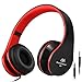 Intone I60 Lightweight Folding 3.5mm Stereo Over-ear Headphones Portable Stretch Headsets Earphones Leather Earpad with Build-in Microphone and Control Button for All Smartphones,laptops,tablets,pc,mp3/mp4,psp,ipod (Black/Red)