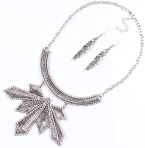 LAM Sue Retro Alloy Crystal Beads Leaf Pendant Collar Necklace Earring Set
