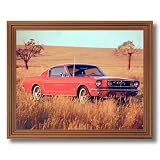 1965 Red Ford Mustang Fastback Car Home Decor Wall Picture Oak Framed Art Print