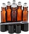 6 New, High Quality, Amber, 10 ml Glass Roll-on Bottles with Stainless Steel Roller Balls - .5 ml Dropper included