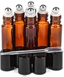 6 New, High Quality, Amber, 10 ml Glass Roll-on Bottles with Stainless Steel Roller Balls - .5 ml Dropper included