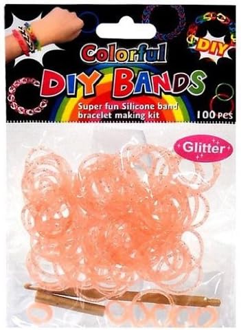 Loom Bands Refills - 100 Count - GLITTER ORANGE (with crochet hook & buckles)