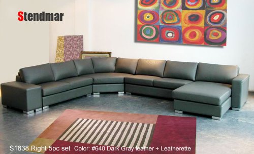 5pc New Euro Design U Sectional Dark Gray Leather Sofa Set S1838