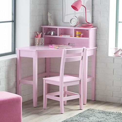 Fashionable Pale Pink Finish Classic Corner Desk And Reversible Hutch With Chair
