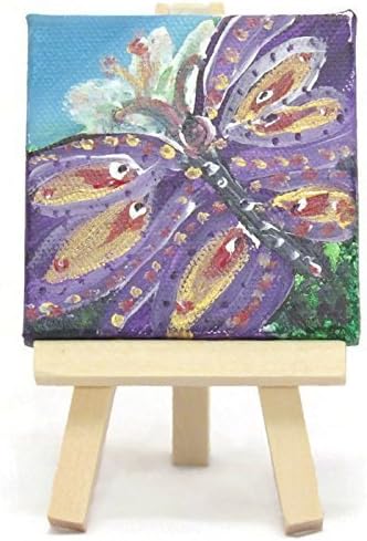 'Purple &amp; Gold Dragonfly' in acrylics on miniature canvas with wooden display easel.