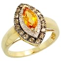 14k Gold Marquise-shaped Stone Ring, w/ 0.30 Carat Brilliant Cut White & Chocolate Diamonds, & 0.75 Carat (8x4mm) Marquise Cut Citrine Stone, 11/16" (17mm) wide