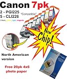 7pk Canon compatible CLI226 Y CLI226 M CLI226 C (2)-CLI226 BK & (2)PGI225 BK ink cartridges with new chip and free 20pk 4x6 photo paper. For Pixma MG5120, Pixma MG5220, Pixma MG6120, Pixma MG8120, PIXMA MX882, Pixma iP4820, PIXMA ix6520.