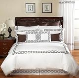 White and Chocolate Hotel Spa Embroidery Collection - 5pc Luxury Duvet Cover Bedding Set-King Size