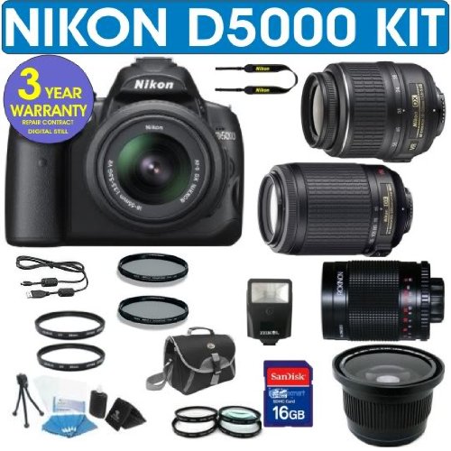 Nikon D5100 16.2MP Digital Camera + Nikon 18-55mm VR Lens + Nikon 55-200mm VR Lens + .40x Wide Angle Fisheye Lens + 500mm Mirror Lens + 3 Year Celltime Warranty