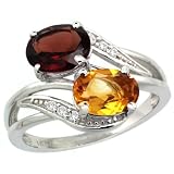 10k White Gold ( 8x6 mm ) Double Stone Engagement Citrine & Garnet Ring w/ 0.07 Carat Brilliant Cut Diamonds & 2.34 Carats Oval Cut Stones, 3/4 in. (19mm) wide, size 6