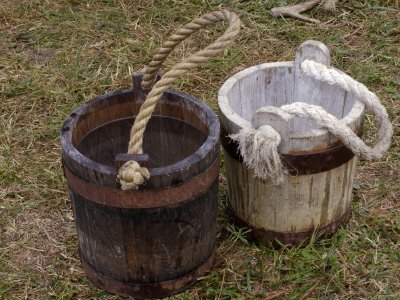 Wooden Water Buckets in a Continental Army Camp Reenactment, Yorktown Battlefield, Virginia Photographic Poster Print, 12x16