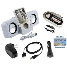 Portable Folding White Stereo Speaker with USB cable + FM Radio Transmitter with Car Cable + 3-in-1 Charger Kit for Microsoft Zune all Generations