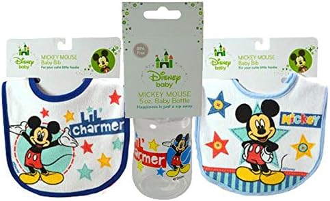 Disney Baby Mickey Mouse "Lil' Charmer" 3pc. Feeding Set! Includes Baby Bibs &amp; 5oz. Baby Bottle! BPA Free
